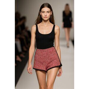 Maje Paris Tweed High Waist Red Black Trim Shorts Size 40 FR 8 US Chic Elegant